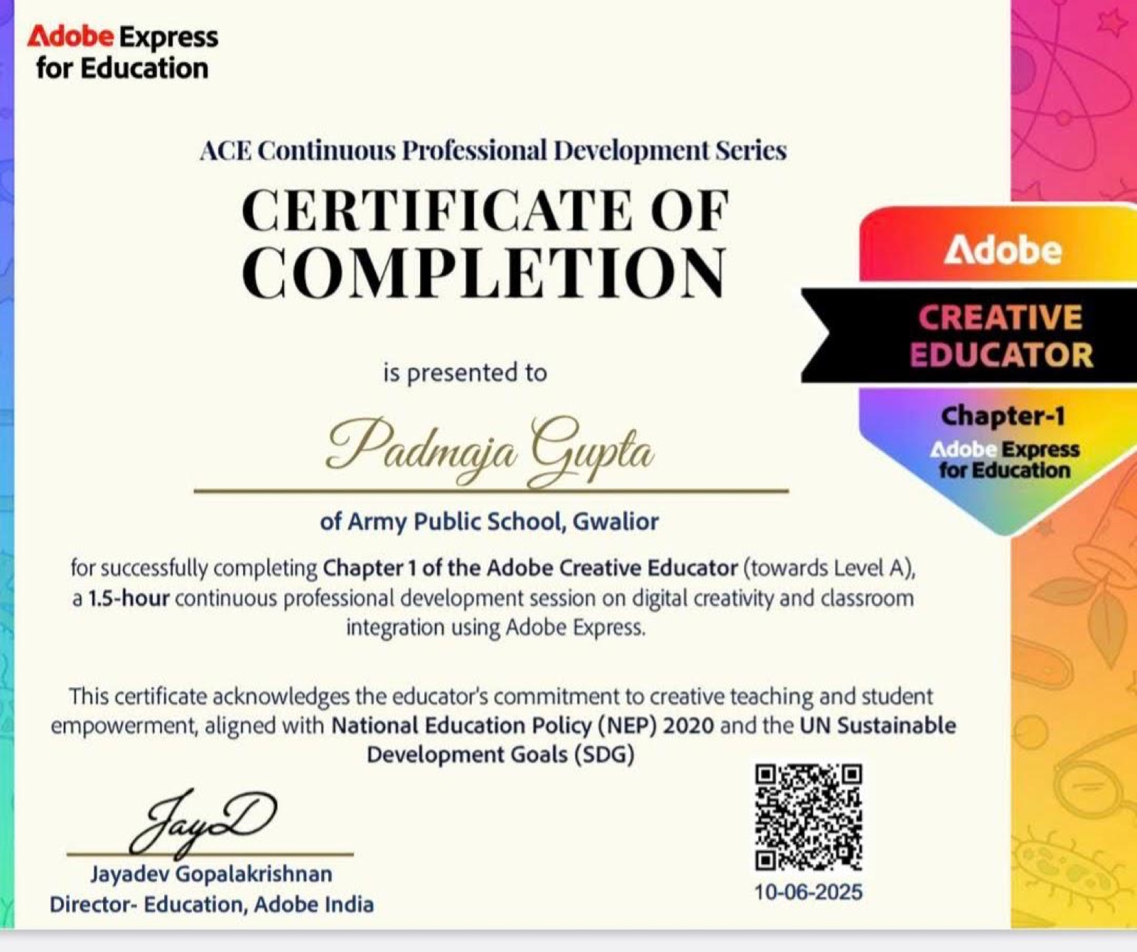 Adobe Creative Educator — Chapter 1 certificate from Adobe Express for Education