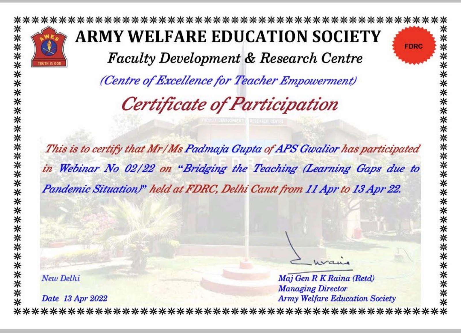 Bridging Teaching-Learning Gaps certificate from Army Welfare Education Society, FDRC
