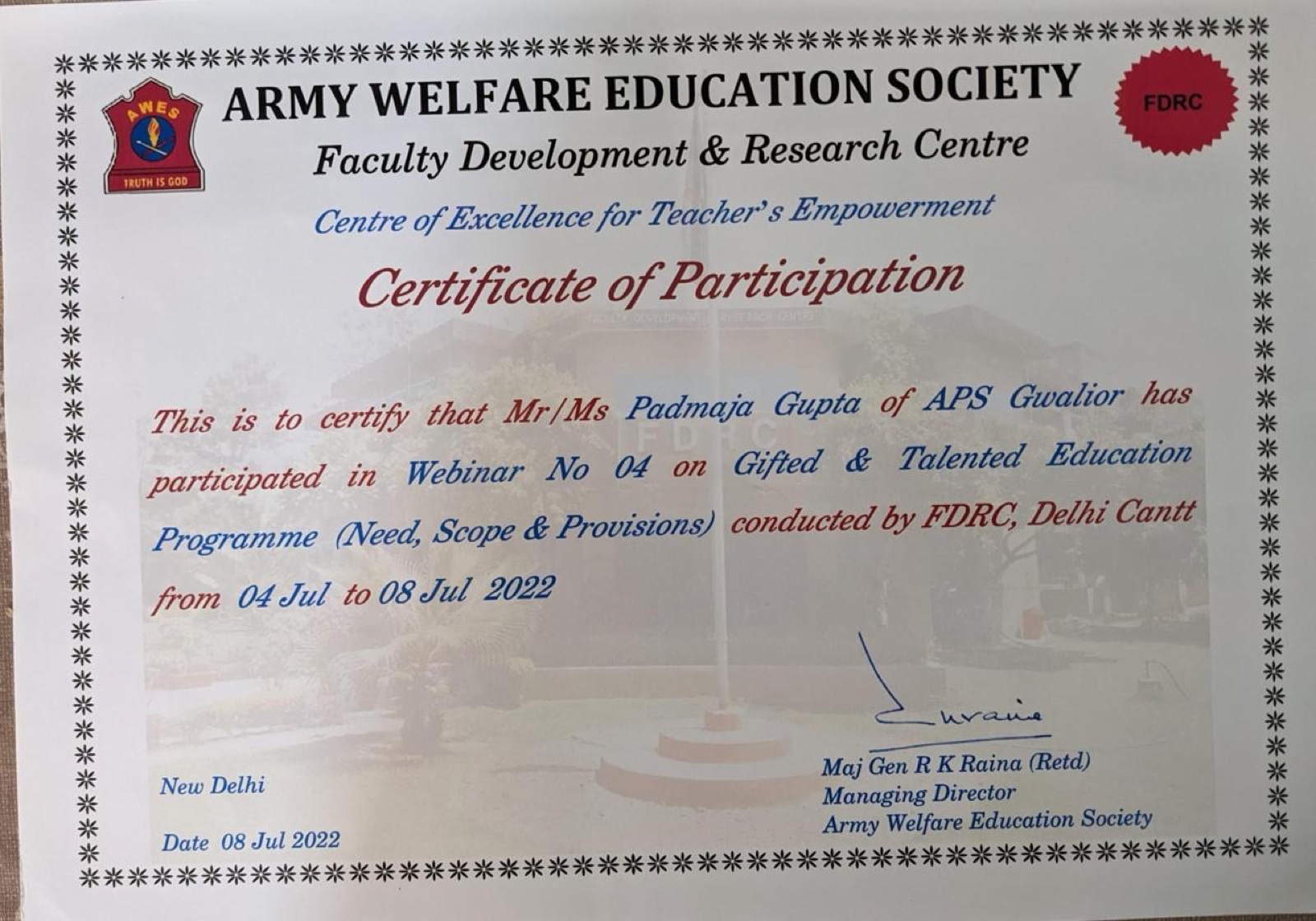 Gifted & Talented Education Programme certificate from Army Welfare Education Society, FDRC