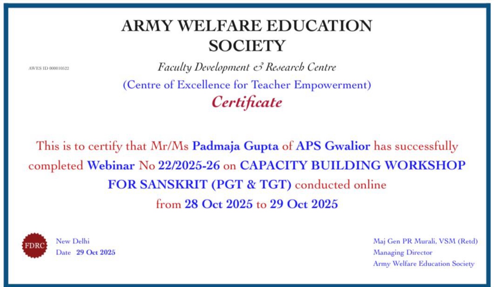 Capacity Building Workshop for Sanskrit certificate from Army Welfare Education Society, FDRC