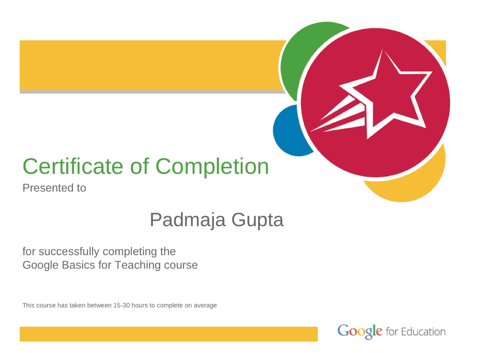 Google Basics for Teaching certificate from Google for Education