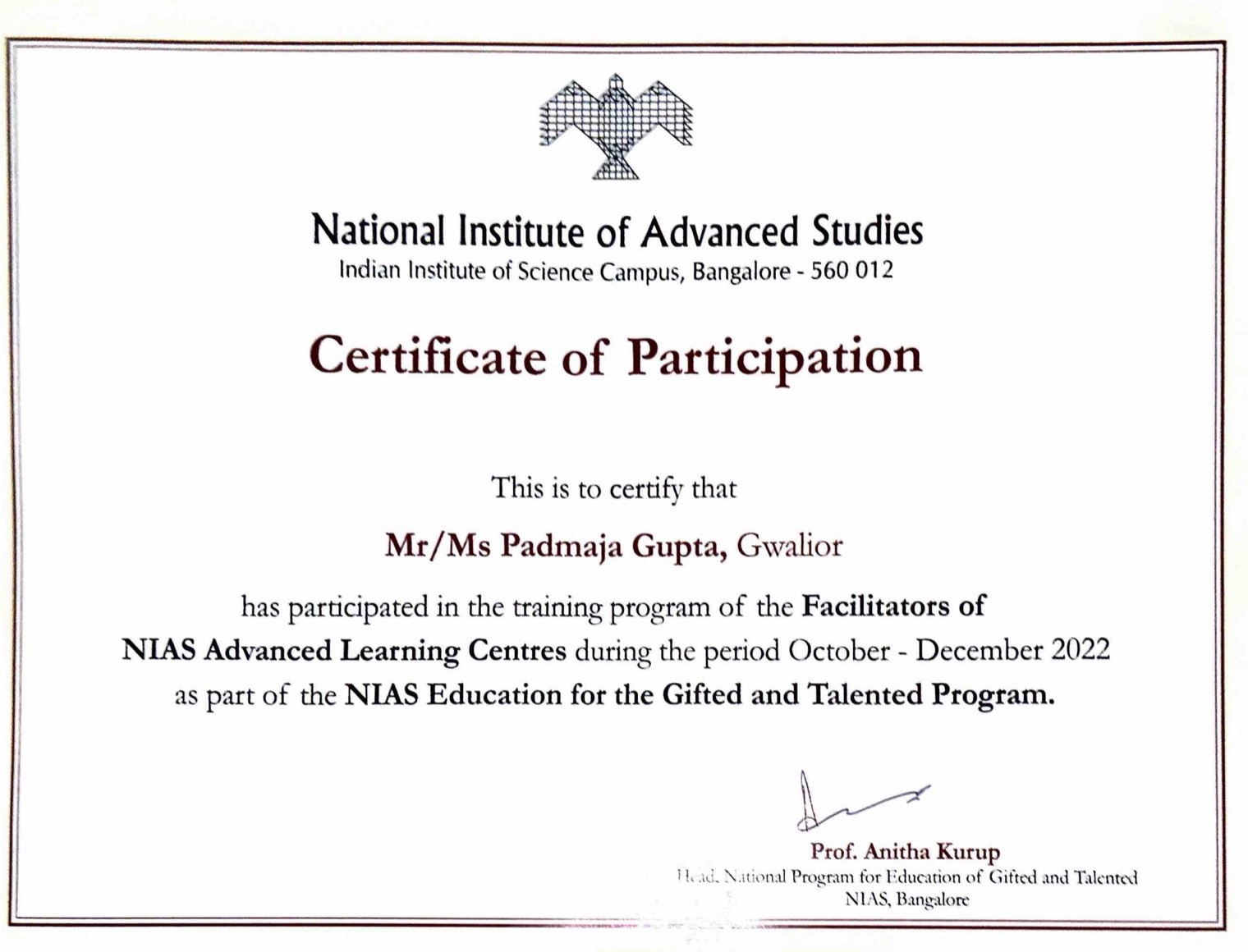 NIAS Education for the Gifted and Talented certificate from National Institute of Advanced Studies, Bangalore