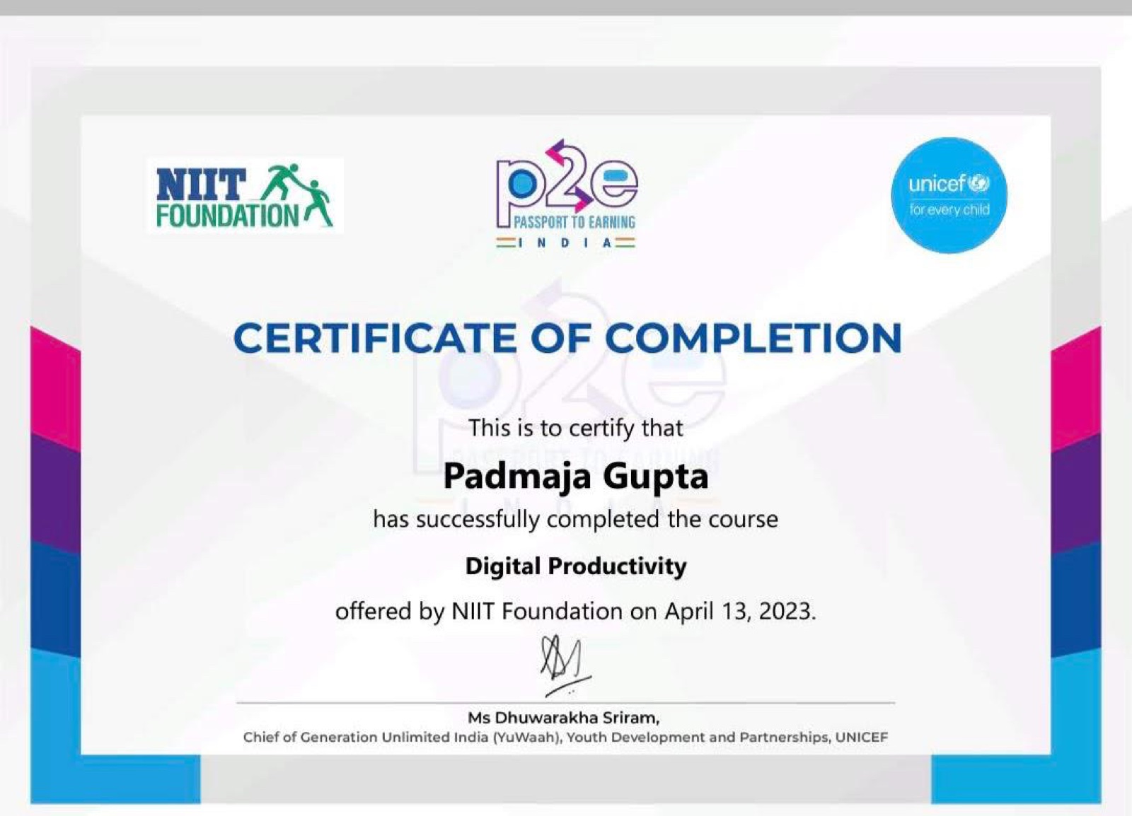 Digital Productivity certificate from NIIT Foundation & UNICEF