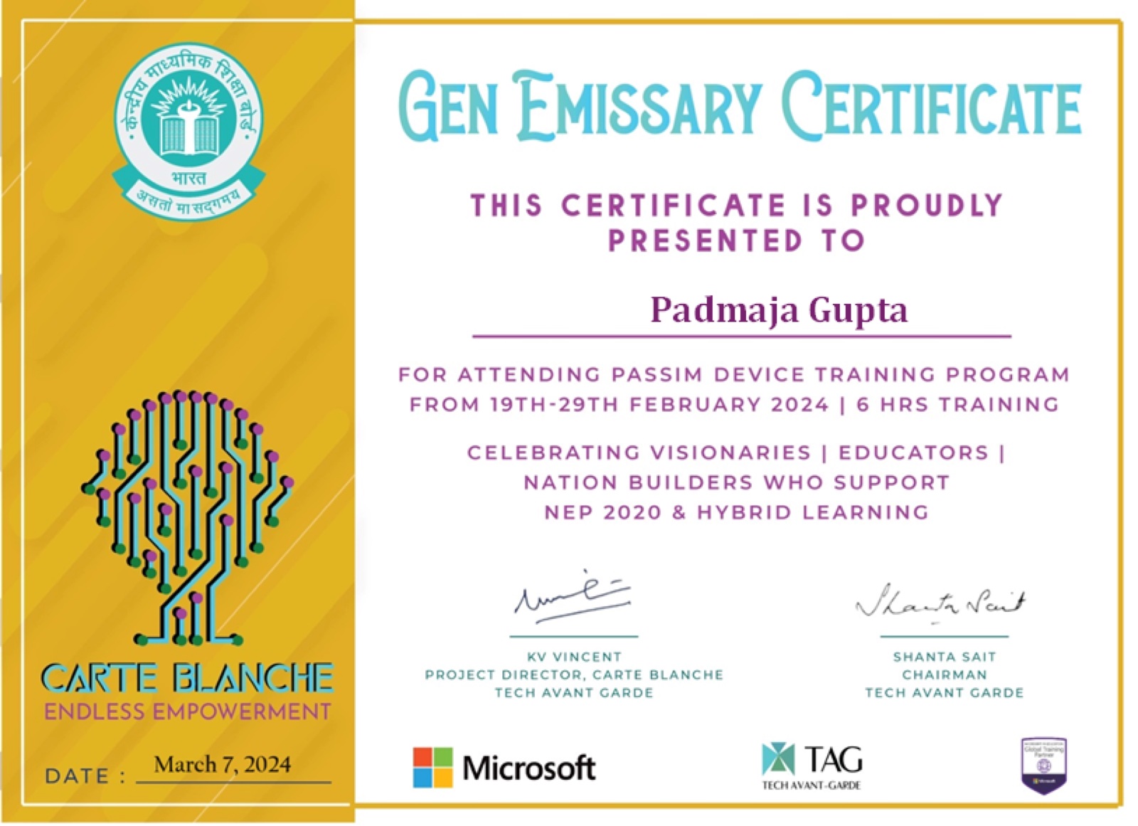 PASSIM Device Training Program certificate from Tech Avant-Garde with Microsoft