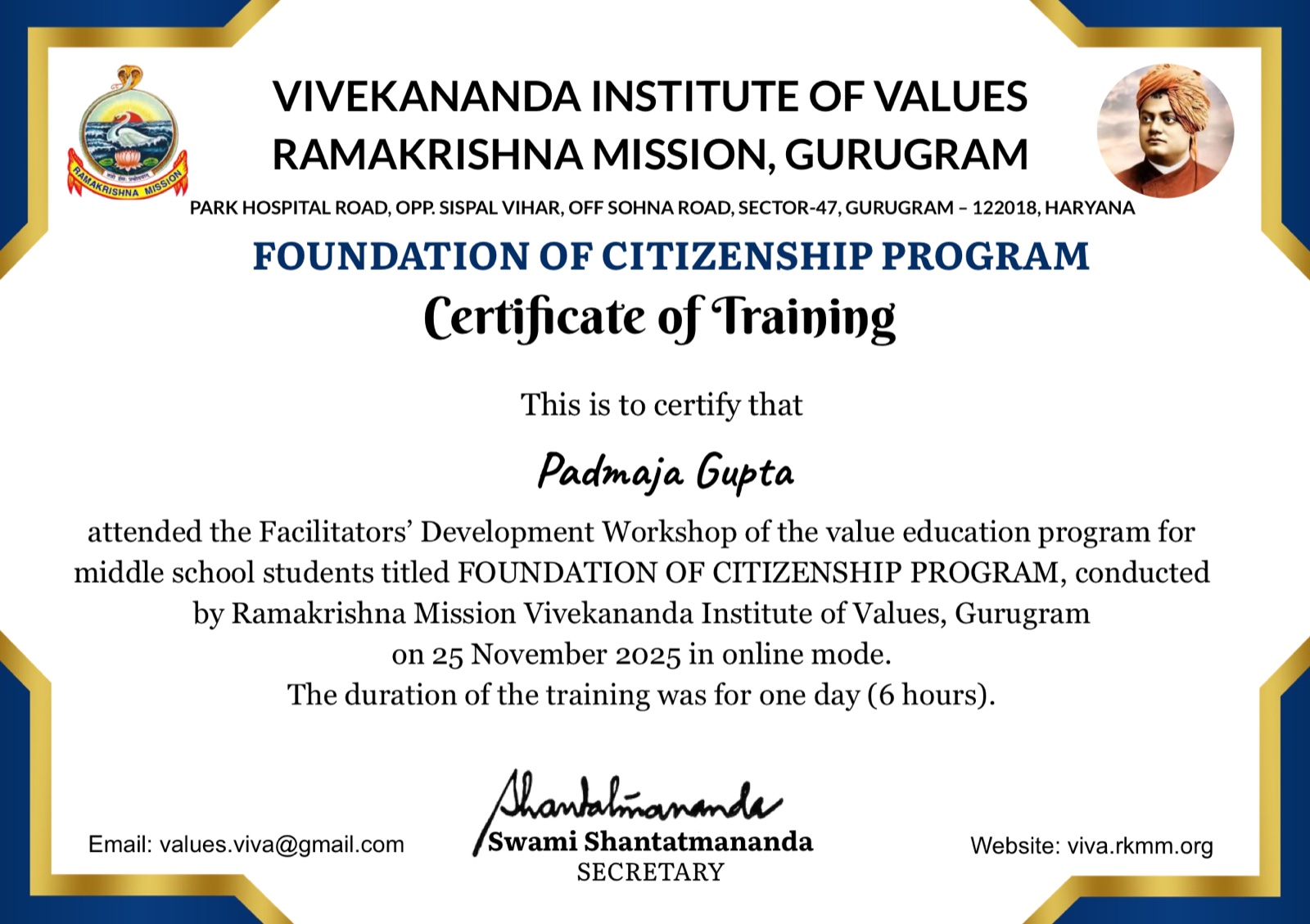 Foundation of Citizenship Program certificate from Ramakrishna Mission Vivekananda Institute of Values, Gurugram